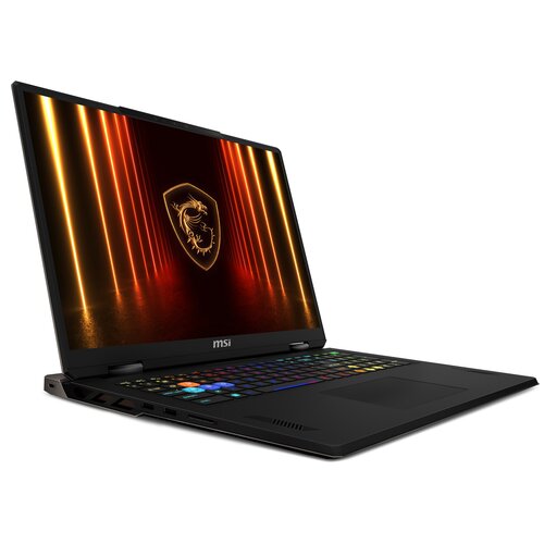 Na zdjęciu widoczny jest laptop z logo MSI na obudowie, z podświetlaną klawiaturą i ekranem wyświetlającym grafikę z pomarańczowymi liniami i emblematem smoka. Laptop ma nowoczesny design z kilkoma portami po boku.