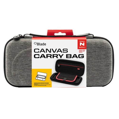 Szare etui na konsolę z widocznym logo "Blade" oraz napisem "Canvas Carry Bag" na opakowaniu, które przedstawia również grafikę otwartego etui z czerwonymi akcentami. Na opakowaniu znajduje się informacja, że produkt jest przeznaczony dla "Switch 2", "Swi
