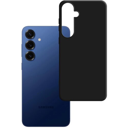 Na zdjęciu widoczny jest czarny matowy futerał na telefon z trzema wycięciami na aparaty, obok niebieskiego smartfona z trzema obiektywami i logo "Samsung" na dole.