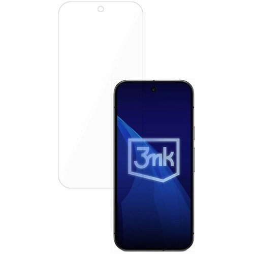 Na zdjęciu widoczna jest przezroczysta folia ochronna na ekran, obok której znajduje się smartfon z wyświetlaczem w kolorze niebieskim, na którym widnieje logo "3mk".
