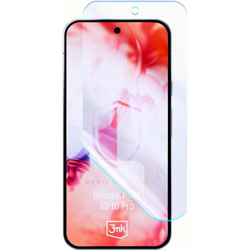Na zdjęciu znajduje się telefon z nałożonym szkłem ochronnym, na ekranie widoczny jest napis "Google Pixel 10/10 Pro" oraz logo "3mk". Tło ekranu jest rozmyte w odcieniach czerwieni i różu.