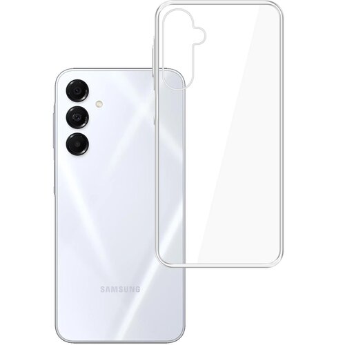 Na zdjęciu widoczny jest przezroczysty futerał na telefon, umieszczony obok białego smartfona z trzema aparatami z tyłu. Na obudowie telefonu znajduje się napis "SAMSUNG".