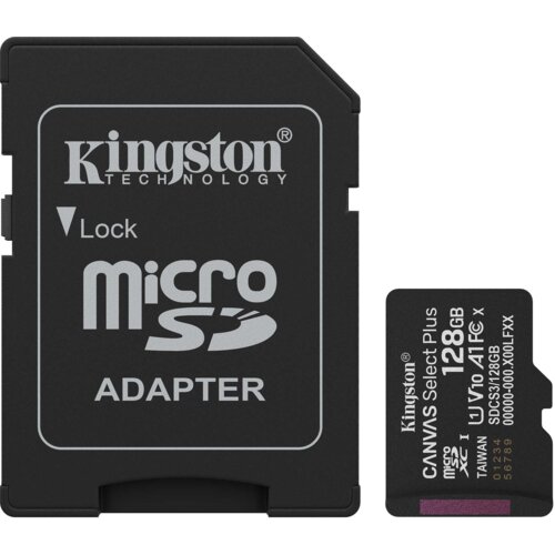 Na zdjęciu widoczna jest karta pamięci microSDXC o pojemności 128GB oraz adapter, oba z logo "Kingston Technology". Na karcie znajduje się tekst: "Canvas Select Plus, 128GB, microSDXC I, V10 A1, C10, SDCS2/128GB, Taiwan".