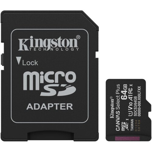 Na zdjęciu widoczna jest karta pamięci microSDXC o pojemności 64GB marki Kingston wraz z adapterem. Na adapterze znajduje się napis "Kingston Technology", "Lock", "microSD" oraz "Adapter", a na karcie pamięci "Kingston", "Canvas Select Plus", "64GB", "V10