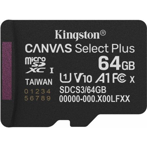 Czarna karta pamięci z białymi napisami: "Kingston CANVAS Select Plus microSDXC I 64GB TAIWAN U1 V10 A1 SDCS3/64GB 00000-000.X00LFXX". Widoczne są także symbole i numeracja "01234 56789".