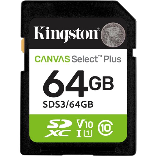Na zdjęciu widoczna jest karta pamięci z napisem "Kingston CANVAS Select Plus 64GB SDS3/64GB". Na dole znajdują się oznaczenia "SDXC", "V10", "U1" oraz "C10" na zielonym tle.