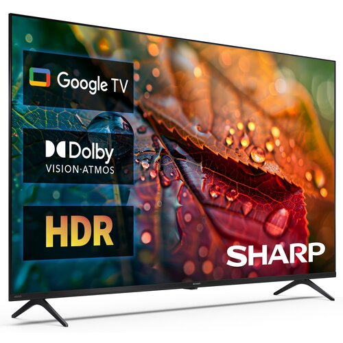 Telewizor z cienką ramką wyświetla kolorowy obraz liści z kroplami wody, na którym widoczne są logotypy: "Google TV", "Dolby Vision-Atmos", "HDR" oraz napis "SHARP".