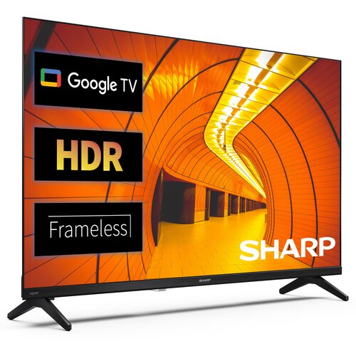 Telewizor z cienką ramką wyświetla obraz pomarańczowego tunelu z zakrzywionym sufitem, a na ekranie widoczne są napisy: "Google TV", "HDR", "Frameless" oraz logo "SHARP".