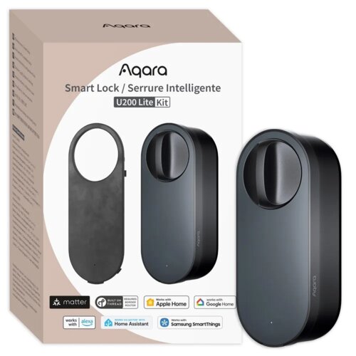 Pudełko z produktem "Aqara Smart Lock U200 Lite Kit" w kolorze czarnym, z widocznym zamkiem szyfrowym i jego elementami. Na opakowaniu znajdują się logotypy: matter, Apple Home, Google Home, Alexa, Home Assistant, Samsung SmartThings oraz napisy "Built on