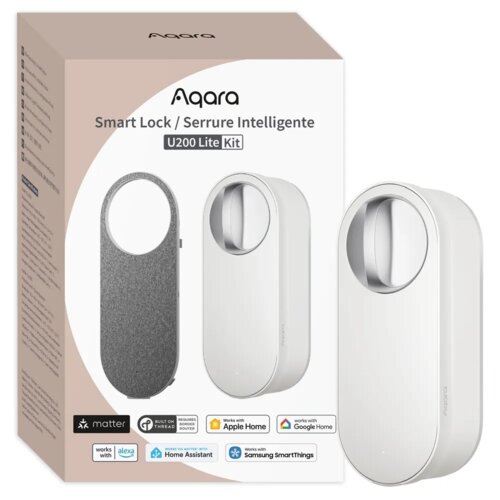 Pudełko z produktem "Aqara Smart Lock U200 Lite Kit" przedstawia dwa zamki szyfrowe, jeden w kolorze szarym, drugi w białym, z widocznymi logotypami kompatybilności z systemami Apple Home, Google Home, Alexa, Home Assistant i Samsung SmartThings. Na opako