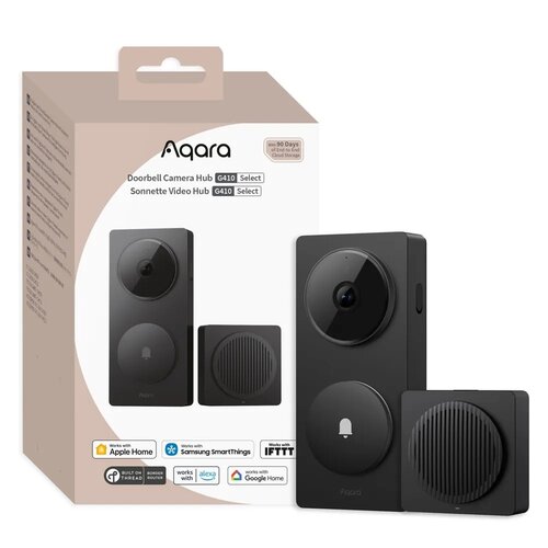 Pudełko i urządzenie "Aqara Doorbell Camera Hub G410 Select" w kolorze czarnym, z widocznymi ikonami kompatybilności z Apple Home, Samsung SmartThings, Alexa, Google Home i IFTTT. Na opakowaniu znajduje się napis "90 Days of Free Cloud Storage".
