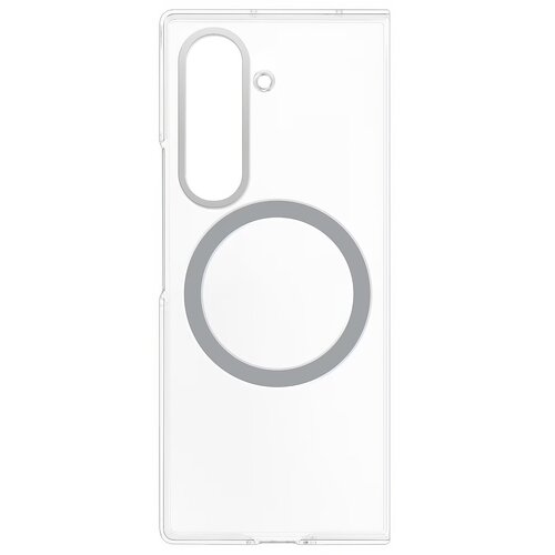 Przezroczyste etui z wycięciami na aparat i okrągłym wzorem na środku, przeznaczone do telefonu Galaxy Z Fold 7. Produkt jest prosty i minimalistyczny, wykonany z przezroczystego materiału.