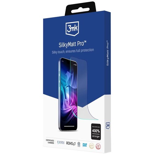 Opakowanie produktu z logo "3mk" na górze, zawiera napis "SilkyMatt Pro™" oraz hasło "Silky touch, ensures full protection". Na dole widoczne są logotypy certyfikatów i nagród, a także informacja "Your screen up to 400% stronger".