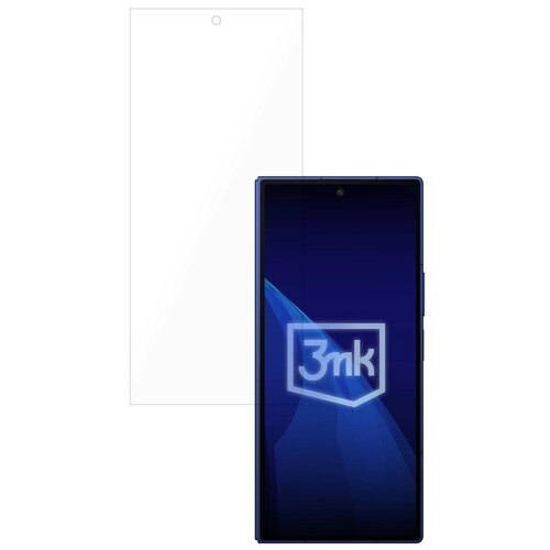 Na zdjęciu widoczna jest przezroczysta folia ochronna oraz smartfon z ciemnym ekranem, na którym znajduje się logo "3mk" w jasnym kolorze. Folia ochronna jest przeznaczona do modelu Samsung Galaxy Z Fold 7.
