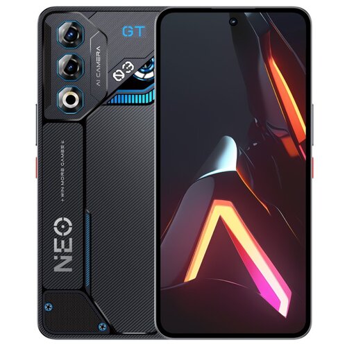 Na zdjęciu widoczny jest smartfon z wyświetlaczem wypełnionym abstrakcyjną grafiką z jasnymi, neonowymi liniami. Na obudowie znajdują się napisy: "GT", "AI CAMERA", "N3", "NEO" oraz "+WIN MORE GAMES!".