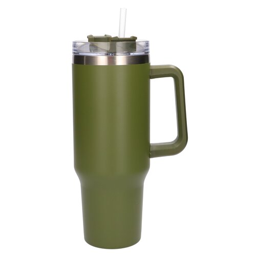 Zielony kubek termiczny o pojemności 1200 ml z przezroczystą pokrywką i słomką, posiada duże ucho do trzymania. Pokrywka jest ozdobiona metalicznym pierścieniem.