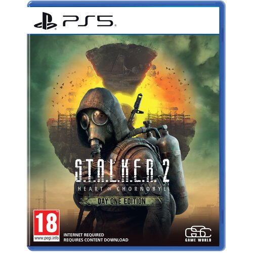 Okładka gry "S.T.A.L.K.E.R. 2: Heart of Chornobyl Day One Edition" na PS5 przedstawia postać w masce gazowej na tle zniszczonego krajobrazu z unoszącymi się w powietrzu fragmentami budynków. Na dole widnieje informacja o ograniczeniu wiekowym 18+ oraz wym