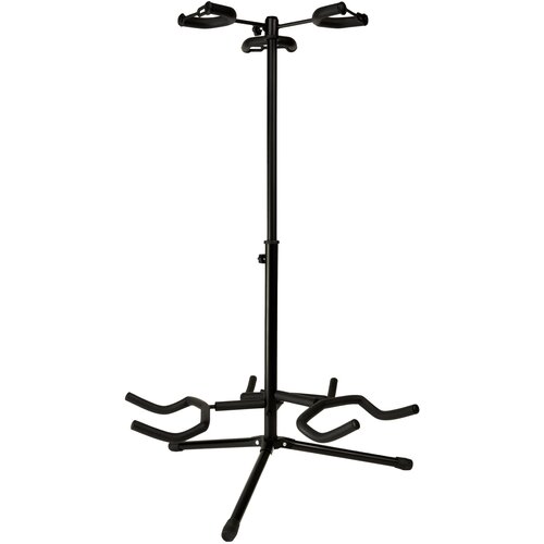 Czarny statyw gitarowy z trzema nogami i uchwytami na dwie gitary, wykonany z metalu. Produkt to "Statyw gitarowy MUSICMATE MM-AG55 Legato".