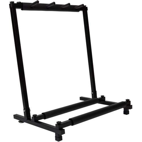 Czarny statyw gitarowy z miejscem na kilka instrumentów, wykonany z metalowych rurek z piankowymi osłonami. Produkt ma prostą konstrukcję z poziomymi i pionowymi elementami wspierającymi.
