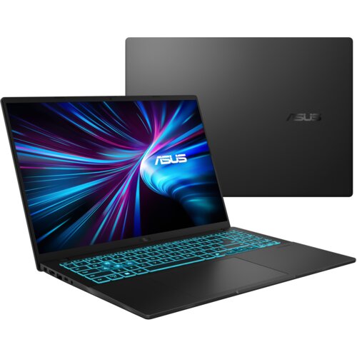 Na zdjęciu widoczny jest laptop z podświetlaną klawiaturą i ekranem wyświetlającym dynamiczną grafikę w odcieniach niebieskiego i fioletowego, z logo "ASUS" na środku. Obok laptopa znajduje się jego zamknięta pokrywa z widocznym logo "ASUS".
