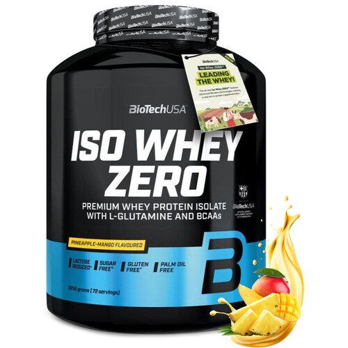 Czarny pojemnik z białą etykietą zawiera napis "BioTechUSA ISO WHEY ZERO" oraz informacje o produkcie: "Premium Whey Protein Isolate with L-Glutamine and BCAAs", "Pineapple-Mango Flavoured", "Lactose Reduced", "Sugar Free", "Gluten Free", "Palm Oil Free",