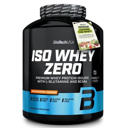 Czarny pojemnik z odżywką białkową marki BioTechUSA, oznaczony jako "ISO WHEY ZERO" o smaku słonego karmelu, zawiera napisy informujące o braku cukru, glutenu i oleju palmowego oraz zmniejszonej zawartości laktozy. Na etykiecie widnieje również informacja