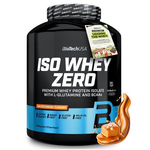 Czarny pojemnik z białym napisem "BioTechUSA ISO WHEY ZERO" oraz informacjami o produkcie: "Premium Whey Protein Isolate with L-Glutamine and BCAAs", "Salted Caramel Flavoured", "Lactose Reduced", "Sugar Free", "Gluten Free", "Palm Oil Free". Na dole widn