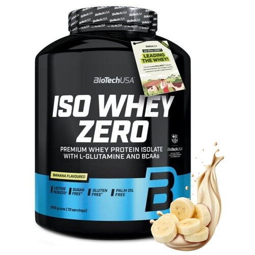 Czarny pojemnik z odżywką białkową, na którym widnieje napis "BioTechUSA ISO WHEY ZERO PREMIUM WHEY PROTEIN ISOLATE WITH L-GLUTAMINE AND BCAAs". Na etykiecie znajdują się dodatkowe informacje: "BANANA FLAVOURED", "LACTOSE REDUCED", "SUGAR FREE", "GLUTEN F