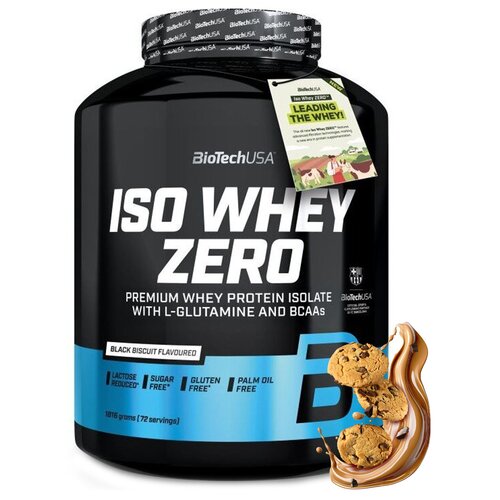 Czarny pojemnik z białym napisem "ISO WHEY ZERO" oraz informacjami: "Premium Whey Protein Isolate with L-Glutamine and BCAAs", "Black Biscuit Flavoured", "Lactose Reduced*", "Sugar Free*", "Gluten Free*", "Palm Oil Free", "1816 grams (72 servings)". Na et