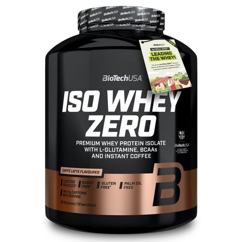 Czarny pojemnik z odżywką białkową marki BioTechUSA, oznaczony jako "ISO WHEY ZERO", o smaku Caffe Latte, bez cukru, glutenu i oleju palmowego, zawiera 1816 gramów (72 porcje). Na etykiecie widnieje informacja o zawartości L-glutaminy, BCAA i kawy instant