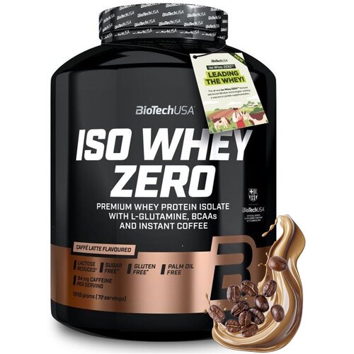 Czarny pojemnik z białym napisem "ISO WHEY ZERO" oraz informacjami o produkcie, takimi jak "Caffe Latte Flavoured", "Lactose Reduced", "Sugar Free", "Gluten Free", "Palm Oil Free", "84 mg Caffeine per Serving", "1816 grams (72 servings)". Na opakowaniu zn