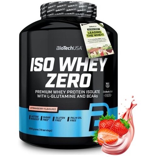 Czarny pojemnik z białym napisem "BioTechUSA ISO WHEY ZERO" oraz informacjami: "PREMIUM WHEY PROTEIN ISOLATE WITH L-GLUTAMINE AND BCAAs", "STRAWBERRY FLAVOURED", "LACTOSE REDUCED", "SUGAR FREE", "GLUTEN FREE", "PALM OIL FREE", "1816 grams (72 servings)". 