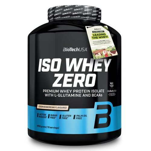 Czarny pojemnik z odżywką białkową marki BioTechUSA, oznaczony napisem "ISO WHEY ZERO" oraz informacjami o braku cukru, glutenu i oleju palmowego. Na etykiecie widnieje również napis "Cookies & Cream Flavoured" oraz "1816 grams (72 servings)".