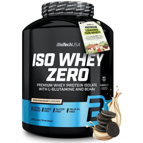 Czarny pojemnik z odżywką białkową marki BioTechUSA, oznaczony jako "ISO WHEY ZERO", o smaku "Cookies & Cream", z informacjami: "Lactose Reduced", "Sugar Free", "Gluten Free", "Palm Oil Free", oraz "1816 grams (72 servings)". Obok pojemnika widoczne są ci