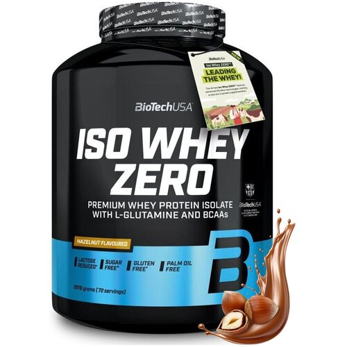 Czarny pojemnik z białym napisem "ISO WHEY ZERO" oraz informacjami o produkcie, takimi jak "PREMIUM WHEY PROTEIN ISOLATE WITH L-GLUTAMINE AND BCAAs" i "HAZELNUT FLAVOURED". Na etykiecie widnieje logo "BioTechUSA" oraz oznaczenia "LACTOSE REDUCED", "SUGAR 