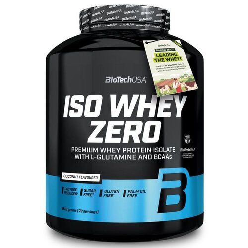 Czarny pojemnik z białą i niebieską grafiką oraz napisami: "BioTechUSA ISO WHEY ZERO PREMIUM WHEY PROTEIN ISOLATE WITH L-GLUTAMINE AND BCAAs", "COCONUT FLAVOURED", "LACTOSE REDUCED*", "SUGAR FREE*", "GLUTEN FREE*", "PALM OIL FREE", "1816 grams (72 serving