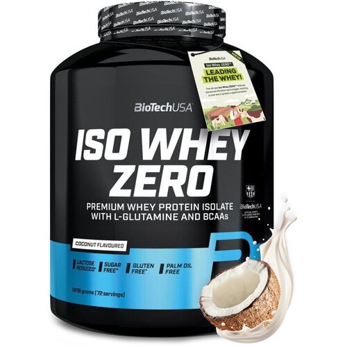 Czarny pojemnik z odżywką białkową marki BioTechUSA, oznaczony jako "ISO WHEY ZERO", o smaku kokosowym, bez cukru, laktozy, glutenu i oleju palmowego. Na etykiecie widnieje napis "LEADING THE WHEY!" oraz ilustracja z krowami, a obok pojemnika znajduje się