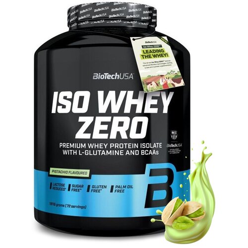 Czarny pojemnik z odżywką białkową marki BioTechUSA, oznaczony jako "ISO WHEY ZERO", z informacją o smaku pistacjowym i braku cukru, glutenu oraz oleju palmowego. Na etykiecie widnieje napis: "Premium Whey Protein Isolate with L-Glutamine and BCAAs", a po