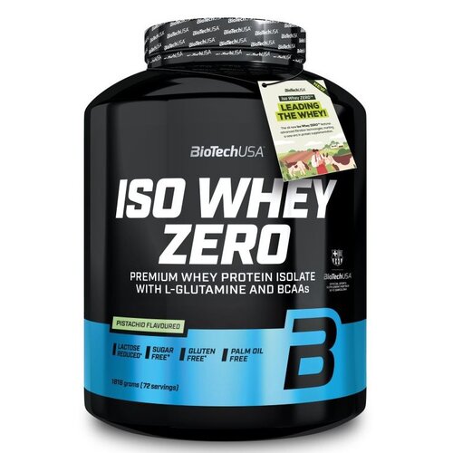 Czarny pojemnik z odżywką białkową marki BioTechUSA, z dużym białym napisem "ISO WHEY ZERO" oraz informacjami o produkcie, takimi jak "Pistachio Flavoured", "Lactose Reduced", "Sugar Free", "Gluten Free", "Palm Oil Free". Na górze pojemnika znajduje się e