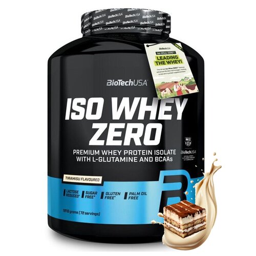 Czarny pojemnik z białą etykietą zawiera tekst: "BioTechUSA ISO WHEY ZERO Premium Whey Protein Isolate with L-Glutamine and BCAAs". Na niebieskim tle widnieją oznaczenia: "Lactose Reduced", "Sugar Free", "Gluten Free", "Palm Oil Free", a obok znajduje się