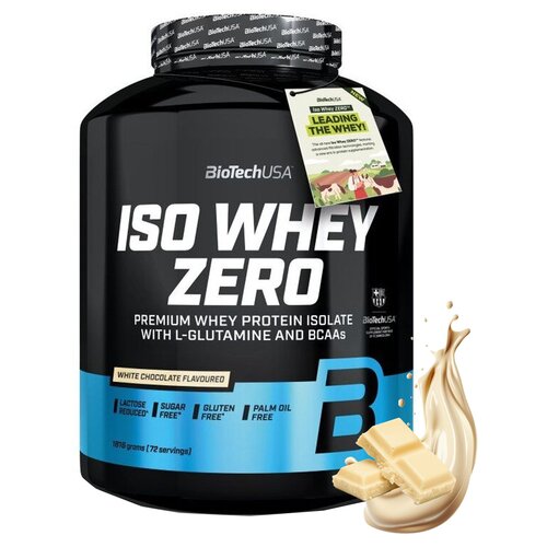 Czarny pojemnik z odżywką białkową marki BioTechUSA, oznaczony jako "ISO WHEY ZERO", o smaku białej czekolady, bez cukru, glutenu i oleju palmowego, z dodatkiem L-glutaminy i BCAA. Na opakowaniu widnieje napis "LEADING THE WHEY!" oraz grafika przedstawiaj