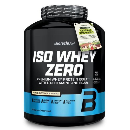 Czarny pojemnik z białą etykietą zawiera napisy: "BioTechUSA ISO WHEY ZERO PREMIUM WHEY PROTEIN ISOLATE WITH L-GLUTAMINE AND BCAAs" oraz "WHITE CHOCOLATE FLAVOURED". Na dole etykiety znajdują się oznaczenia: "LACTOSE REDUCED", "SUGAR FREE", "GLUTEN FREE",