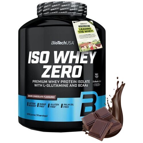 Czarne opakowanie odżywki białkowej z napisem "BioTechUSA ISO WHEY ZERO" oraz informacjami: "Premium Whey Protein Isolate with L-Glutamine and BCAAs", "Dark Chocolate Flavoured", "Lactose Reduced", "Sugar Free", "Gluten Free", "Palm Oil Free", "1816 grams