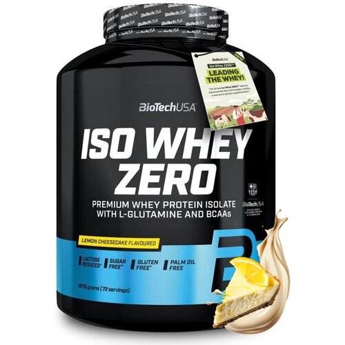 Czarny pojemnik z odżywką białkową marki BioTechUSA, oznaczony jako "ISO WHEY ZERO", o smaku sernika cytrynowego, z informacjami: "Lactose Reduced", "Sugar Free", "Gluten Free", "Palm Oil Free", oraz "1816 grams (72 servings)". Na etykiecie znajduje się r