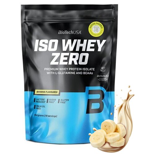 Czarna torebka z niebieskim akcentem zawiera odżywkę białkową "BioTechUSA ISO WHEY ZERO" o smaku bananowym, bez cukru, laktozy, glutenu i oleju palmowego, z dodatkiem L-glutaminy i BCAA. Na opakowaniu widnieje napis "454 grams (18 servings)" oraz grafika 