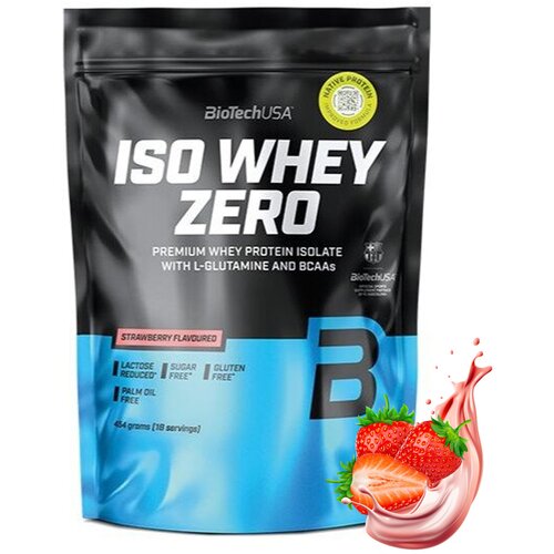 Czarny worek z niebieskim akcentem zawiera napis "BioTechUSA ISO WHEY ZERO PREMIUM WHEY PROTEIN ISOLATE WITH L-GLUTAMINE AND BCAAs" oraz informacje: "STRAWBERRY FLAVOURED", "LACTOSE REDUCED", "SUGAR FREE", "GLUTEN FREE", "PALM OIL FREE", "454 grams (18 se