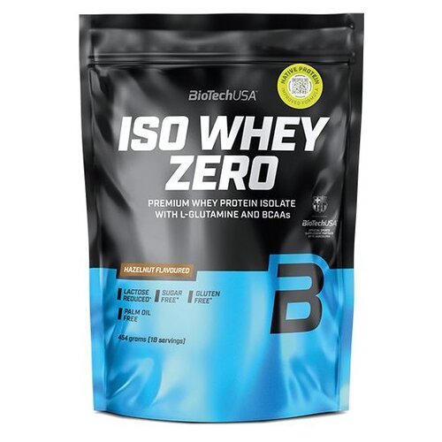 Czarny worek z odżywką białkową, na którym widnieje napis "BioTechUSA ISO WHEY ZERO Premium Whey Protein Isolate with L-Glutamine and BCAAs". Dodatkowe informacje to "Hazelnut Flavoured", "Lactose Reduced", "Sugar Free", "Gluten Free", "Palm Oil Free", or