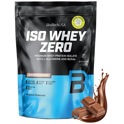 Czarno-niebieskie opakowanie odżywki białkowej z napisem "BioTechUSA ISO WHEY ZERO PREMIUM WHEY PROTEIN ISOLATE WITH L-GLUTAMINE AND BCAAS". Na opakowaniu widnieją również informacje: "LACTOSE REDUCED", "SUGAR FREE", "GLUTEN FREE", "PALM OIL FREE", "454 g