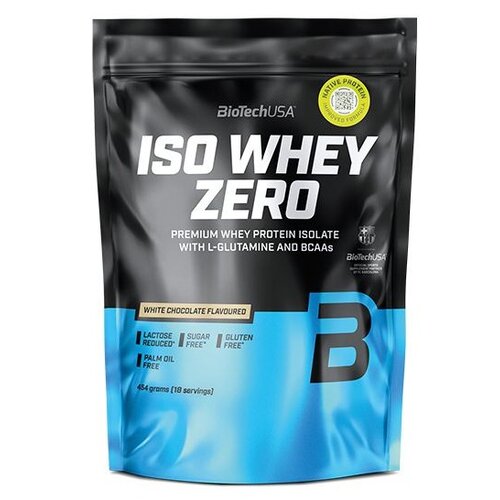 Na zdjęciu znajduje się czarno-niebieskie opakowanie odżywki białkowej z napisem "BioTechUSA ISO WHEY ZERO" oraz informacjami: "White Chocolate Flavoured", "Lactose Reduced", "Sugar Free", "Gluten Free", "Palm Oil Free", "454 grams (18 servings)". W górne