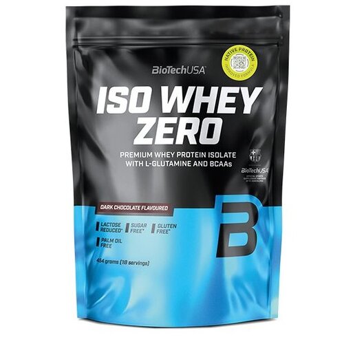 Czarno-niebieskie opakowanie odżywki białkowej z napisem "BioTechUSA ISO WHEY ZERO" oraz informacjami: "Premium Whey Protein Isolate with L-Glutamine and BCAAs", "Dark Chocolate Flavoured", "Lactose Reduced", "Sugar Free", "Gluten Free", "Palm Oil Free", 